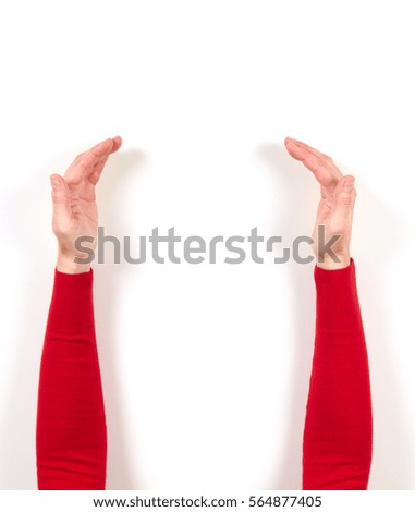 Hands in red jacket and gestures on white background