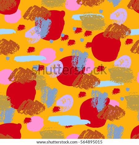 Colorful grunge seamless pattern with abstract hand drawn brush strokes and paint splashes, lines, circles, geometrical shapes. Messy infinity texture, modern grungy background. Vector illustration.