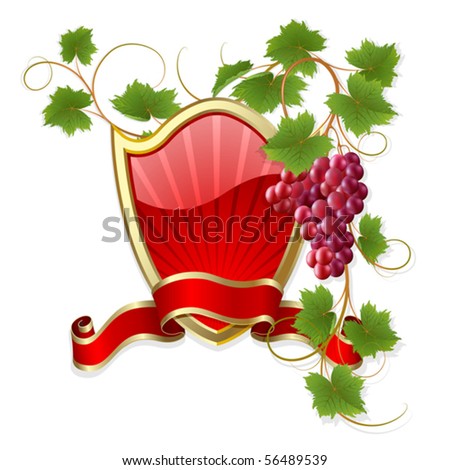 Gold-framed label with claret vine and red ribbon