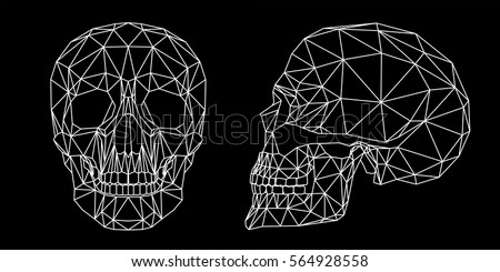 Human skull on black background, front and side view, geometric polygons and triangles cranium line art