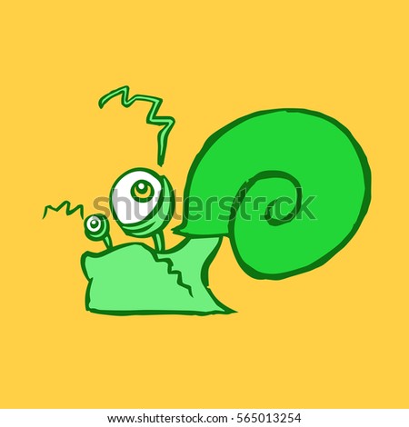 Green crawling snail. Funny cartoon character. Contour freehand drawing. Children's illustration. Yellow color background. Isolated flat vector illustration.