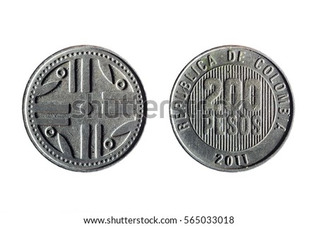 front and back of a colombian currency of 200 pesos on white background