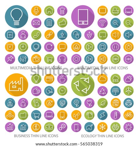 Set of 80 Universal Flat Minimalistic Thin Line Icons on Circular Colored Buttons ( Multimedia , Interface , Business and Ecology Icons) on White Bacground .