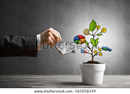 Hand of businesswoman watering concept of business plan and strategy Royalty-Free Stock Photo #565058149