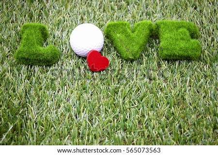 Golf with red heart shape and love on green course.
