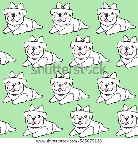 Draw character design pattern background of cute bulldog.Doodle style on green.