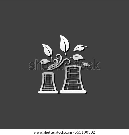 Nuclear plant with leaves icon in metallic grey color style. Go green environment friendly