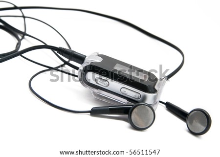 Digital audio player with headphones on white background