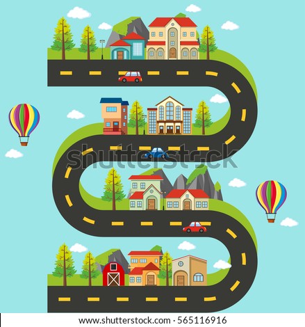 Roadmap with buildings and cars on the road illustration