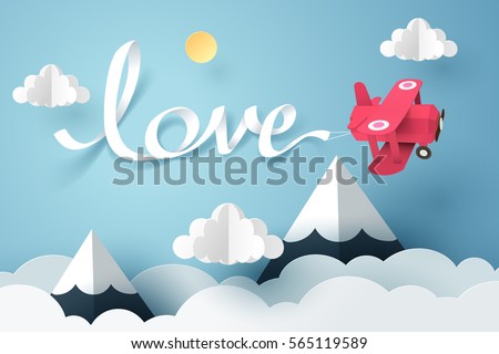 Paper art of love calligraphy and lettering hang with a pink plane flying in the sky, origami and valentines day concept, vector art and illustration.