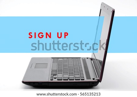 a laptop on the table with white background with text SIGN UP