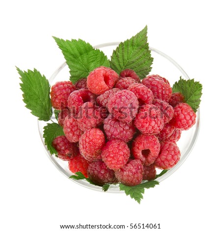 Heap Raspberry in the glass bowl top view close up isolated on white background
