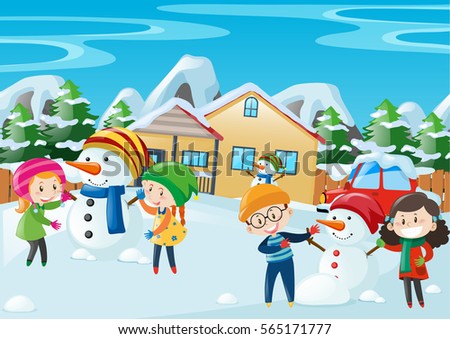 Happy kids playing in winter illustration