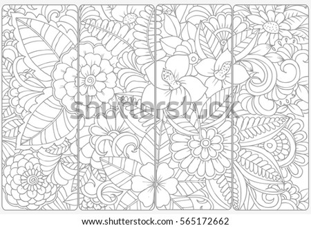 Floral doodles for coloring.Vector set of monochrome bookmarks .