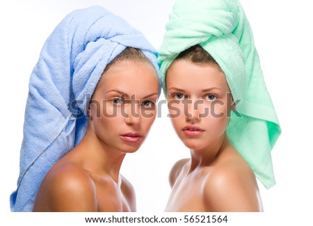 Cute ladies in a towel after bath isolated on white background