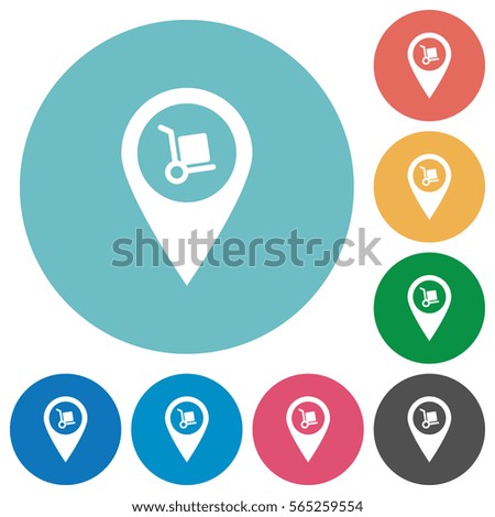 Parcel delivery GPS map location flat white icons on round color backgrounds