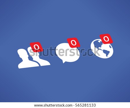 Social network (Facebook, VKontakte, Twitter) icons: Friends, Messages (Chats, Comments), Notifications (News) and zero messages symbol. Digital lifestyle, Loneliness, Internet solitude concepts.