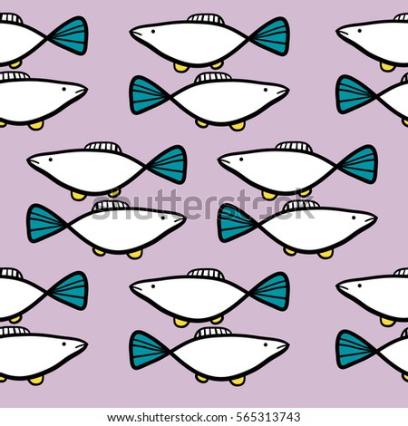 Seamless pattern with decorative fish in flat style on violet background. Vector illustration
