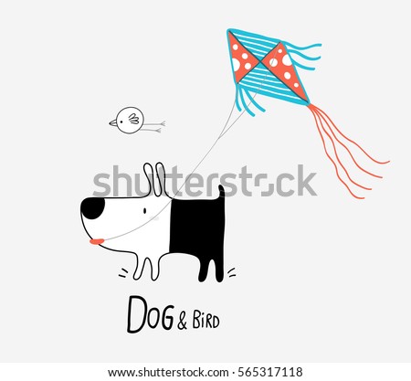 Dog & Bird flying a Kite, vector illustration