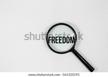 A concept image of a magnifying glass isolated white background with a word FREEDOM zoom inside the glass 