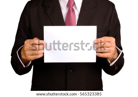 businessman holding blank white paper on white with path