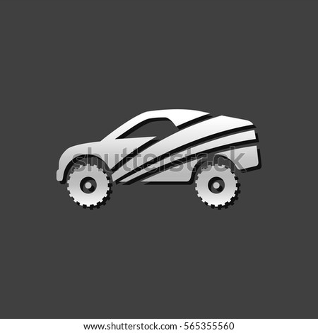 Rally car icon in metallic grey color style. Race championship competition