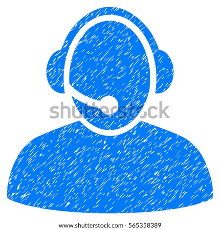 Call Center grainy textured icon for overlay watermark stamps. Flat symbol with unclean texture. Dotted vector blue ink rubber seal stamp with grunge design on a white background.