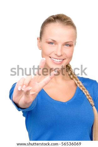bright picture of lovely blonde showing victory sign