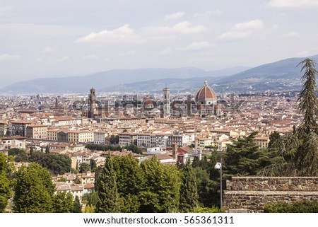 Looking over the rooftops of Florence to cathedral Santa Maria del Fiore.