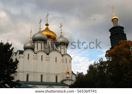 Architecture of Novodevichy convent in Moscow. Popular touristic lanmdark. UNESCO World Heritage Site. Color photo.