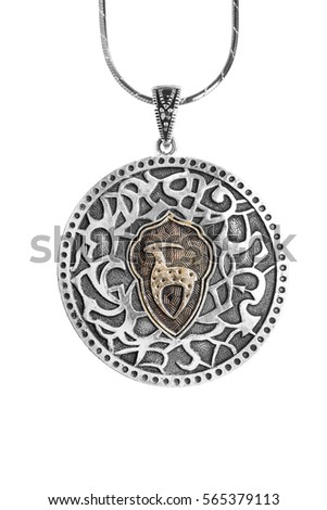 Ethnic silver medallion on a chain isolated over white