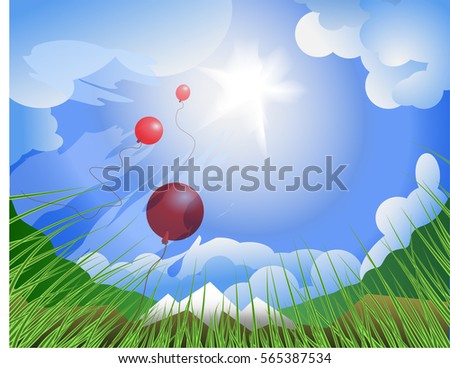 view from the grass of the mountains and the sky with balloons