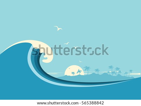 Big ocean wave and tropical island.Vector blue background