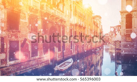 Grand canal and architecture - bridge. Italy. Venice. Photo greeting card. Bokeh light effect, soft filter