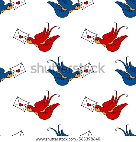 vector seamless pattern with swallow bird, made in old school tattoo style. Valentines day or wedding design.