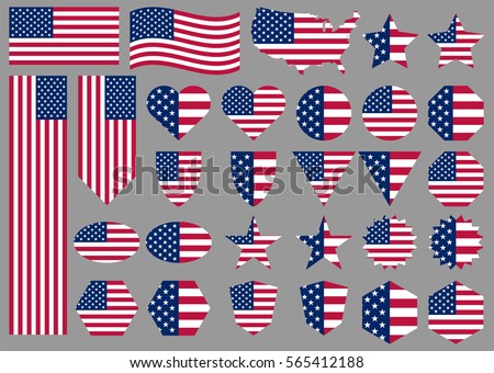 American flags and banners. Big set of different vector illustrations for national holidays: Veterans Day, Independence Day, Memorial Day. Patriotic design of USA flags. Correct proportions and colors