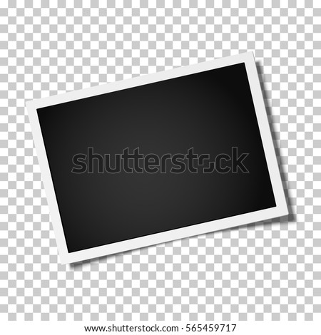 Retro realistic vector photo frame placed horizontally slightly tilted on transparent background. Template photo design. Royalty-Free Stock Photo #565459717