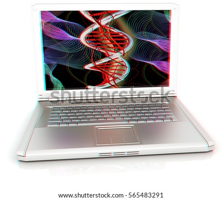 Laptop with dna medical model background on laptop screen. 3d illustration. Anaglyph. View with red/cyan glasses to see in 3D.