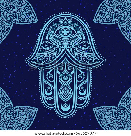 Ornament card with hamsa. Geometric circle element made in vector. Talisman ornamental hamsa, symbol Eye protection. Kaleidoscope, medallion, yoga, india, arabic Royalty-Free Stock Photo #565529077