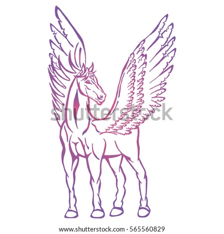Illustration with hand drawn Pegasus mythological winged horse. Tattoo design element. Heraldry and logo concept art.Drawing for coloring book.