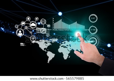 Businessmans hand pointing in suit jacket against technology interface 3d