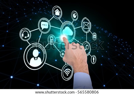 Businessman hand pointing something against technology interface 3d