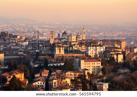Panorama of Bergamo city at sunset, Italy 