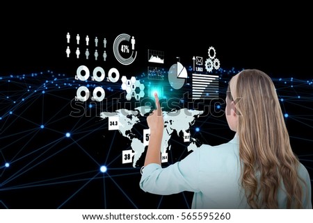 Hipster pointing with her finger against global technology background 3d