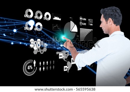 Handsome man pointing something with his finger against technology interface 3d