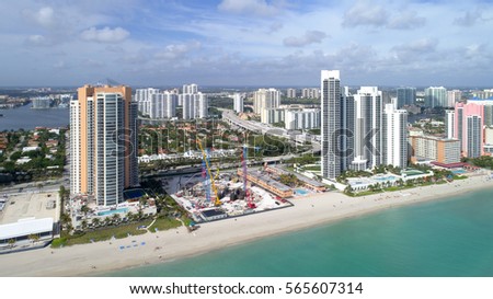 Aerial drone image of a beachfront construction site in Sunny Isles Beach FL, USA