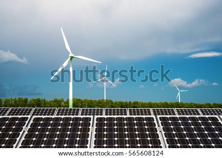 Photo collage of solar panels and wind turbins - concept of sustainable resources