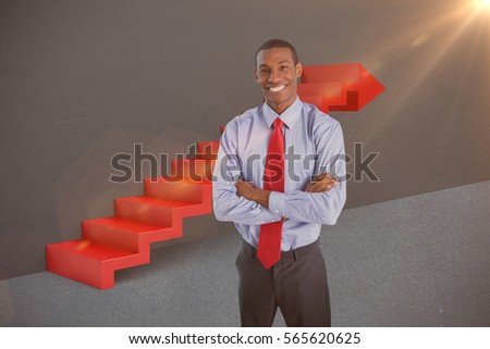 Elegant smiling Afro businessman standing in office against grey 3d