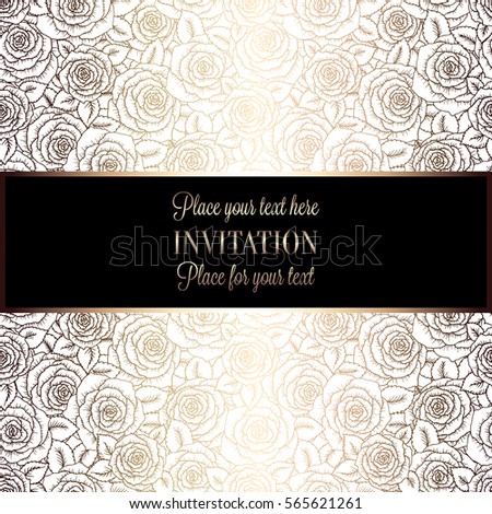 Abstract background with roses, luxury white and gold vintage tracery made of roses, damask floral wallpaper ornaments, invitation card, baroque style booklet, fashion pattern, template for design.