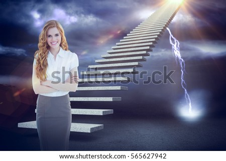 Portrait of an elegant businesswoman in office against lightning strikes on landscape 3d